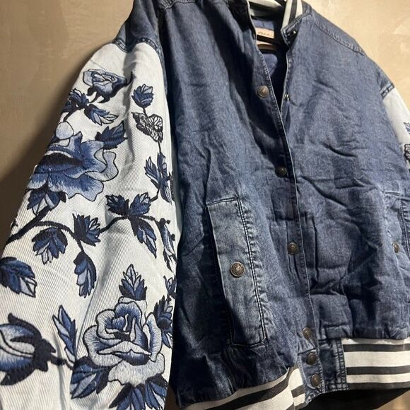 Free People Team Spirit Jacket Floral Roses Embroidered Sleeves Striped XS NEW - Picture 7 of 9